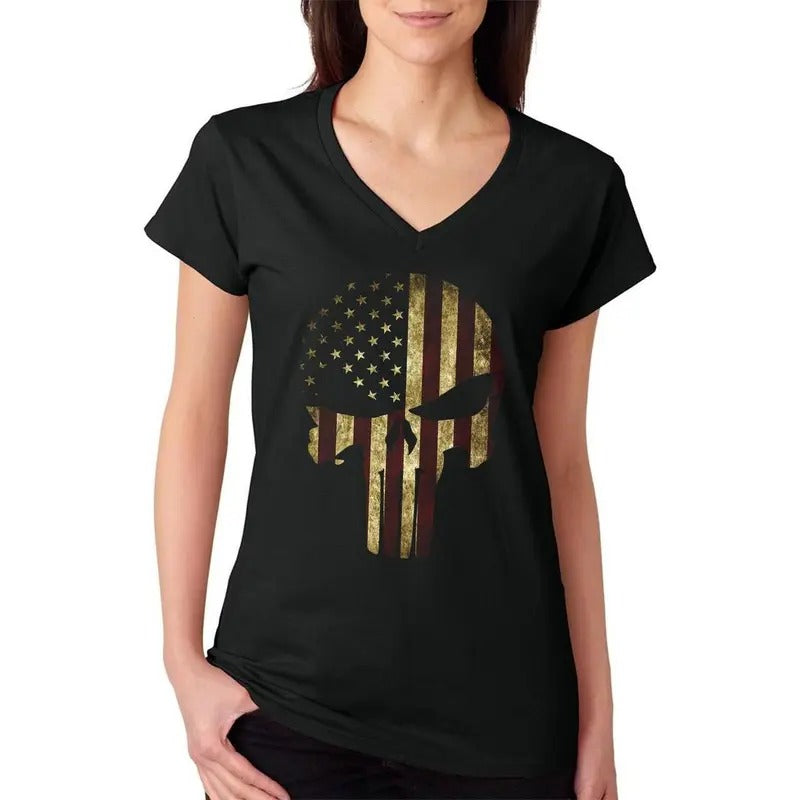 USA Flag Skull Patriotic Women's V-Neck T-Shirt Casual Comfort Hoodie, Sweatshirt | CiraTrend.com
