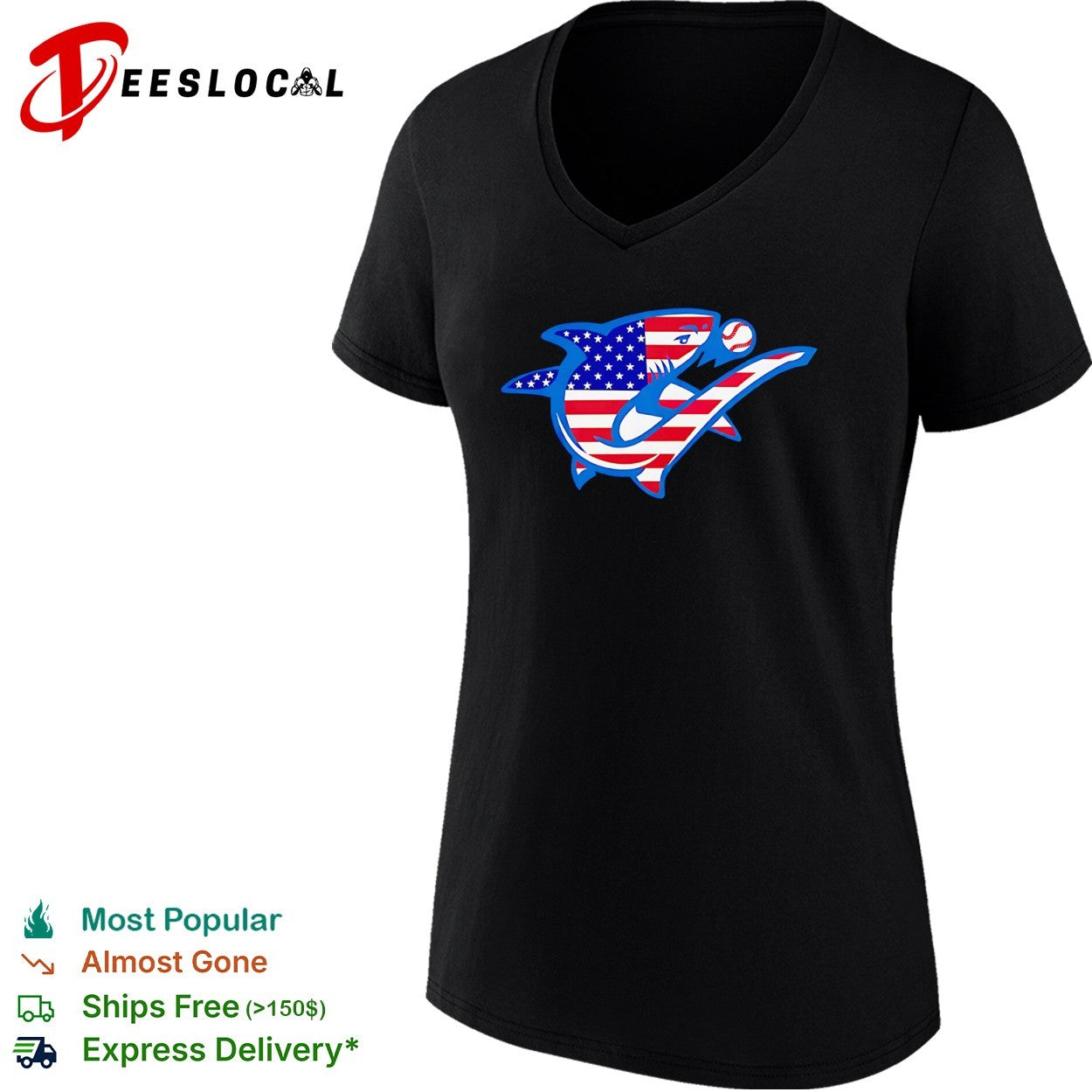 USA flag shark with baseball sports logo American animal shirt