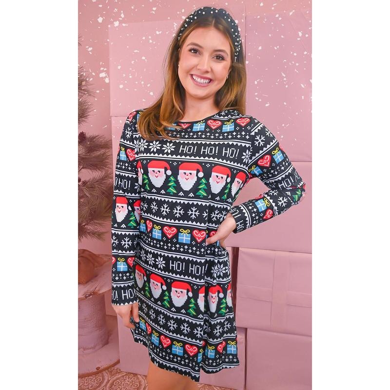 >Ugly Sweater Christmas Print Dress<