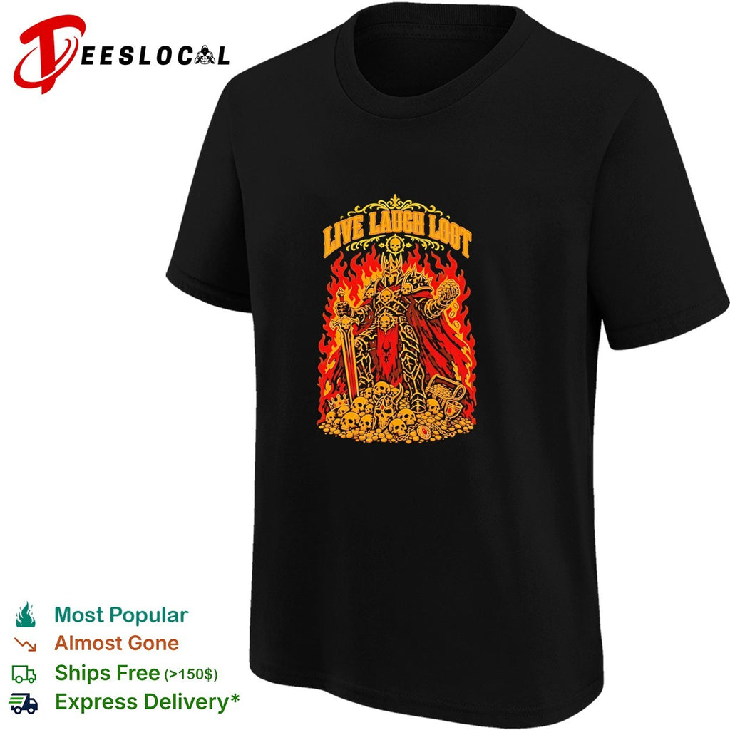 Undead skeleton knight warrior fantasy armor treasure live laugh loot shirt