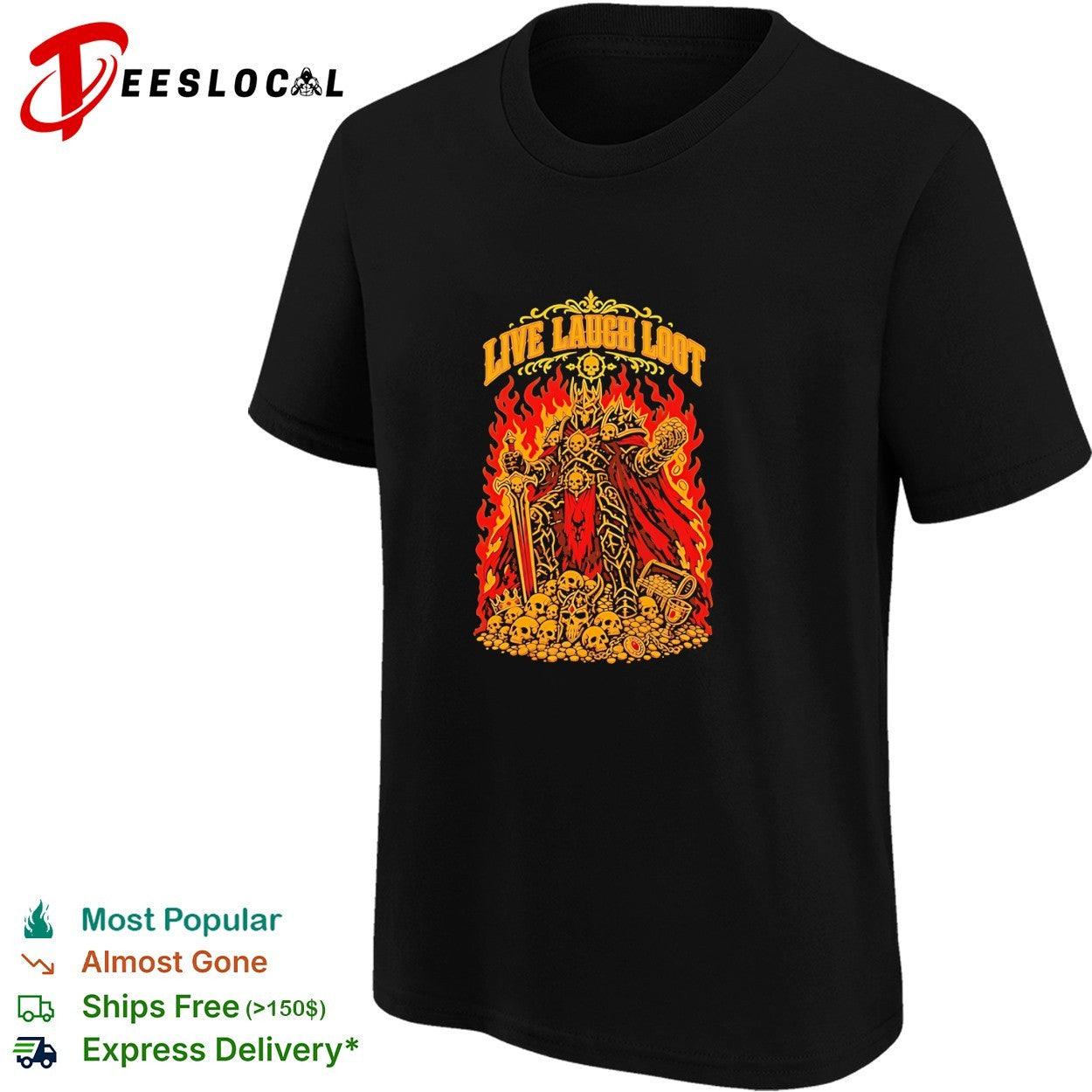 Undead skeleton knight warrior fantasy armor treasure live laugh loot shirt