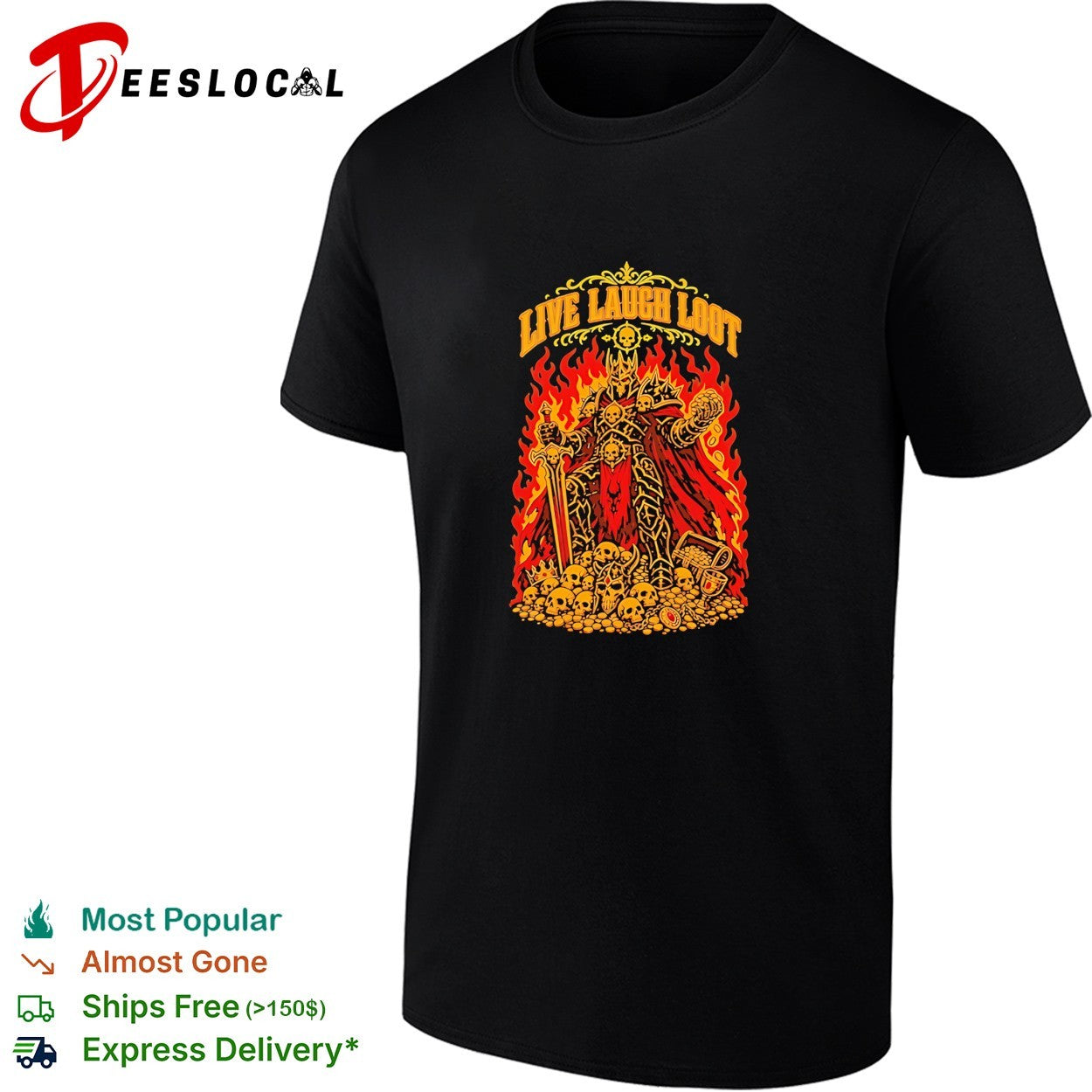 Undead skeleton knight warrior fantasy armor treasure live laugh loot shirt