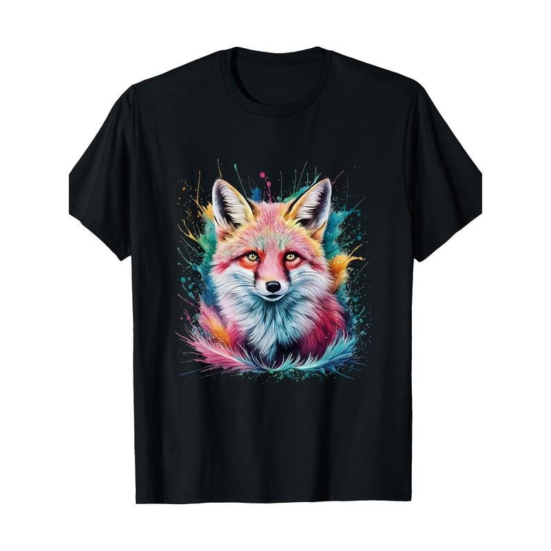 Unisex Cotton T-Shirt with Colorful Watercolor Fox Print, Casual Round Neck Short Sleeve Tee for All Seasons, Digital...
