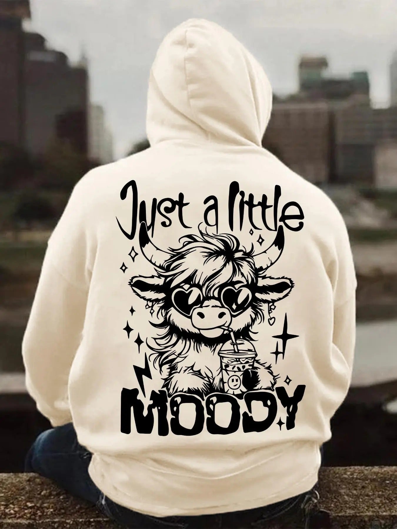 Unisex Highland Cow & Letter Print Hoodie, Casual Regular Fit Long Sleeve Graphic Hooded Sweatshirt for Spring & Fall,...