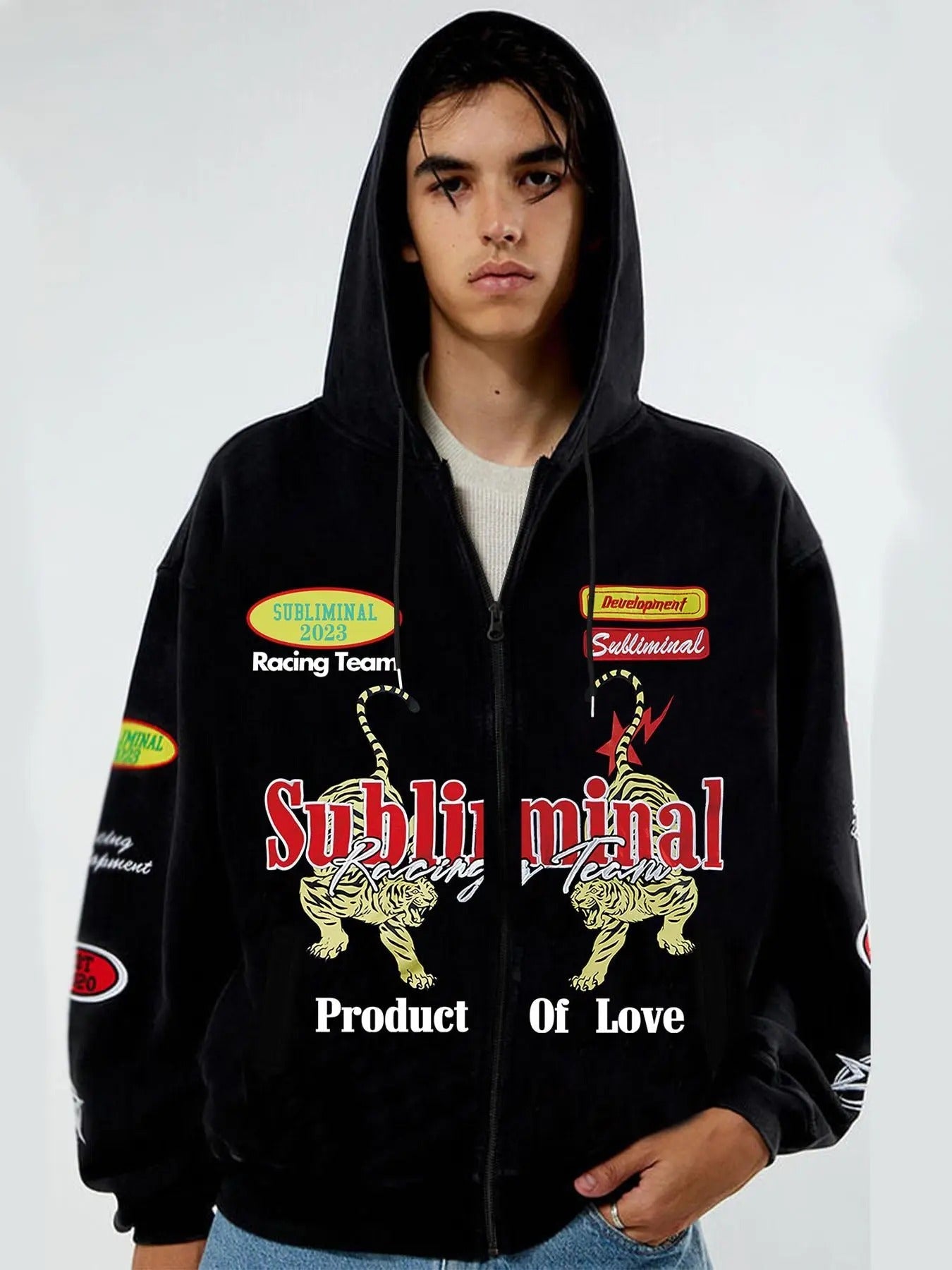 Unisex Letter & Number Print Zip Up Hoodie, Casual Regular Fit Street Long Sleeve Hooded Jacket for Spring & Fall,...