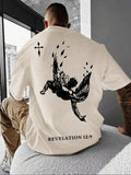 Unisex Men's Angel & Letter Print Round Neck Drop Shoulder Tee, Loose Graphic Short Sleeve Crew Neck T-Shirt, Casual...