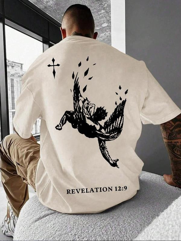 Unisex Men's Angel & Letter Print Round Neck Drop Shoulder Tee, Loose Graphic Short Sleeve Crew Neck T-Shirt, Casual...