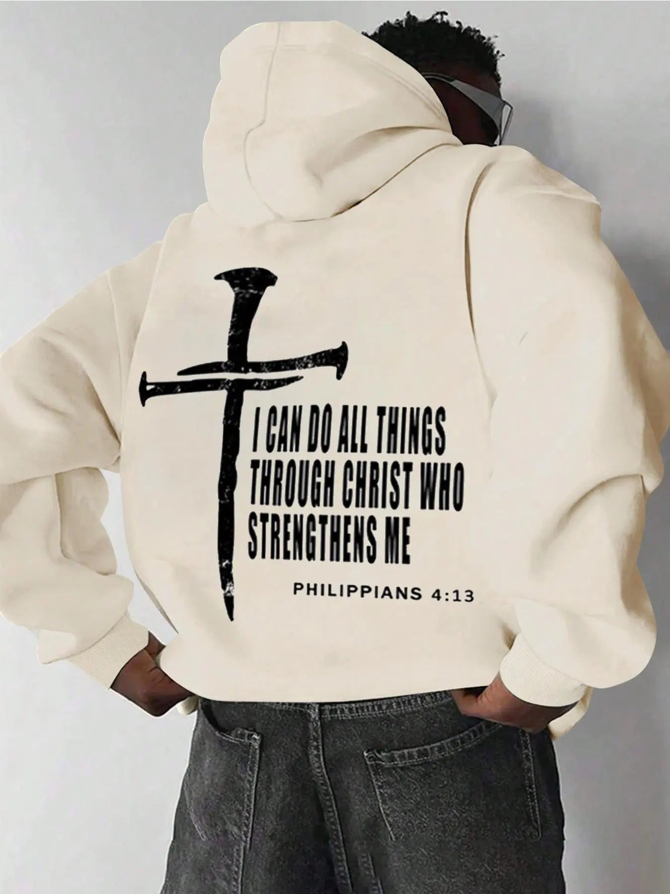 Unisex Men's Cross & Letter Print Drop Shoulder Hoodie, Fashion Casual Regular Fit Drawstring Pocket Hooded Sweatshirt...