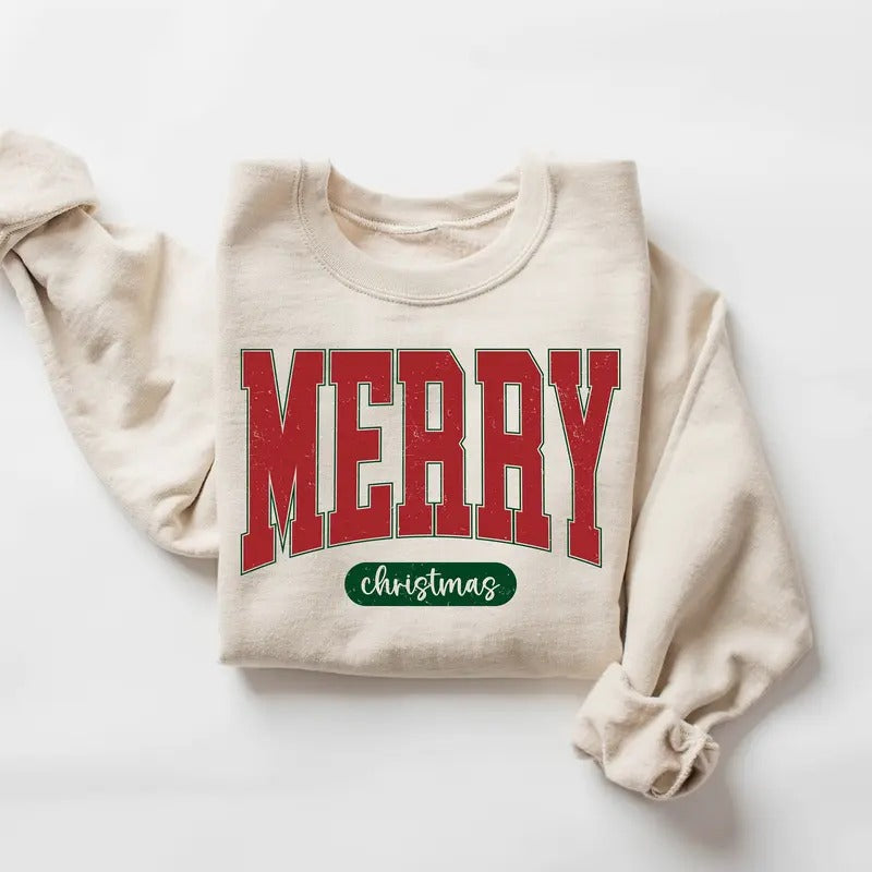 Unisex Retro Merry Christmas Sweatshirt, Loose Fit Christmas Crewneck Sweater for Women, Holiday Sweater, Christmas Gift - Pullover, Fabric