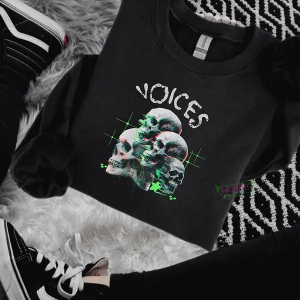 'VOICES' Crewneck Sweatshirt, T Shirt, or Hoodie Pullover | Punk, Alt, Grunge, Goth, Skeleton Style, Aesthetic, Casual, Skull Graphic, Mental Health