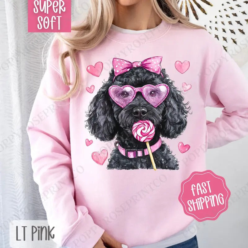 Valentine Black Doodle Sweatshirt, Valentine's Day Crewneck, Cute Women's Sweater T-Shirts, Hoodie | CiraTrend.com