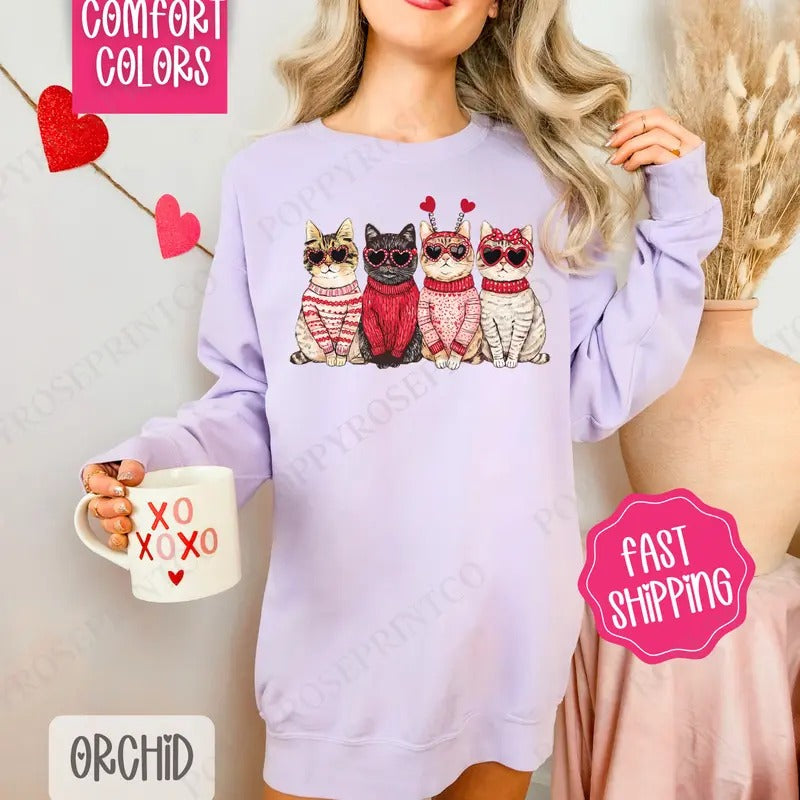 Valentine Cats Comfort Colors Sweatshirt, Valentine's Day Women's Crewneck, Holiday Cat Women's Sweater T-Shirts, Hoodie