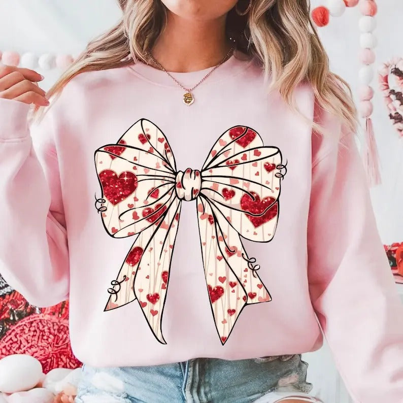 Valentine's day Heart Coquette bow Sweatshirt Retro Valentine , Valentines day Bow , Coquette Bow , Bow Valentine Gifts...