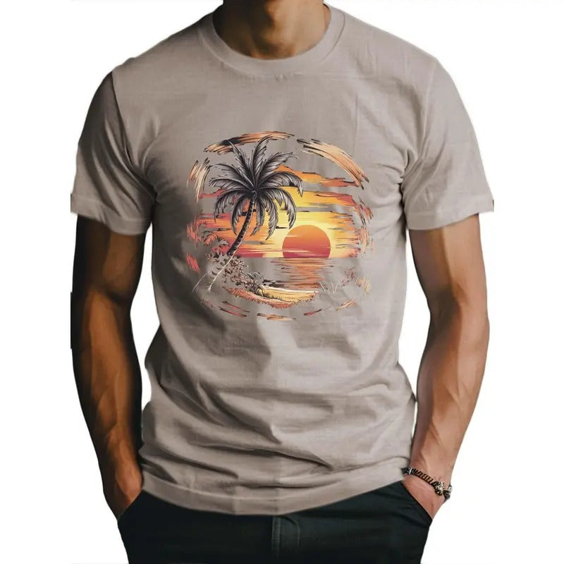Vibrant Tropical Beach Sunset Graphic Fitted Mens T-Shirt - Sweat-Wicking, Freedom of Movement, and Breathable Fabric for...