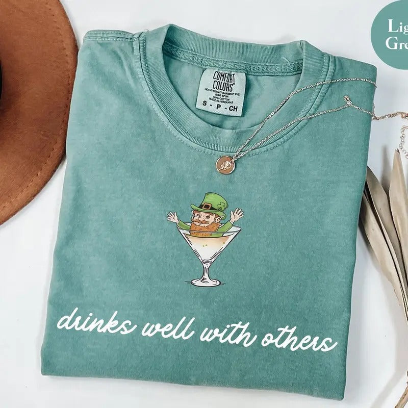 Victoria Maxwell, Womenswear Vintage Graphic Tee, Comfort Colors St Patrick's Day Tee for Women, Leprechaun Martini Cocktail Drinks Well With Others Shirt, St Patty Day Shirt, St Paddy Tee
