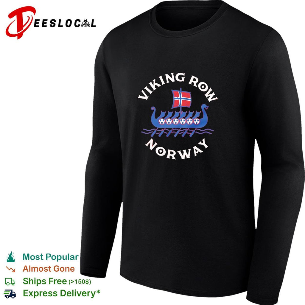 Viking Row Noway ship with a Norwegian flag sail and soccer balls along the side shirt