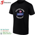 Viking Row Noway ship with a Norwegian flag sail and soccer balls along the side shirt