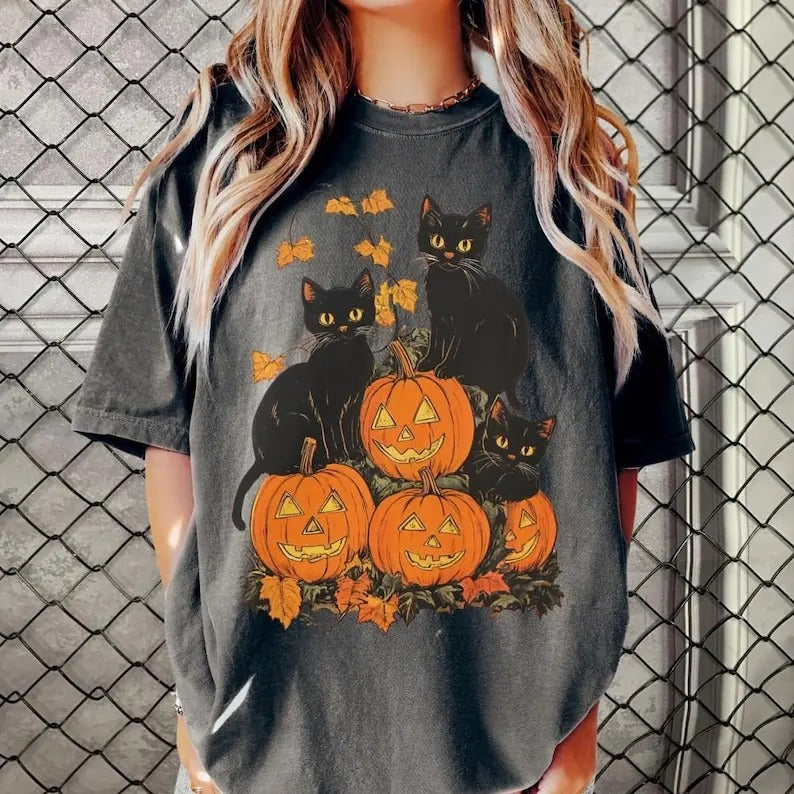 Vintage 90s Black Cat Halloween Shirt, Retro Halloween Shirt, Spooky Season Tee, Pumpkin Shirt, Halloween Shirt, Vintage...