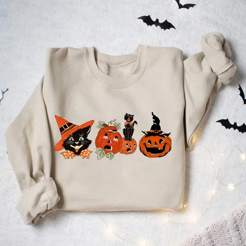 Vintage Black Cat Halloween Sweatshirt, Black Cat Pumpkin Sweatshirt, Halloween Pumpkin Sweater, Funny Pumpkin Face...