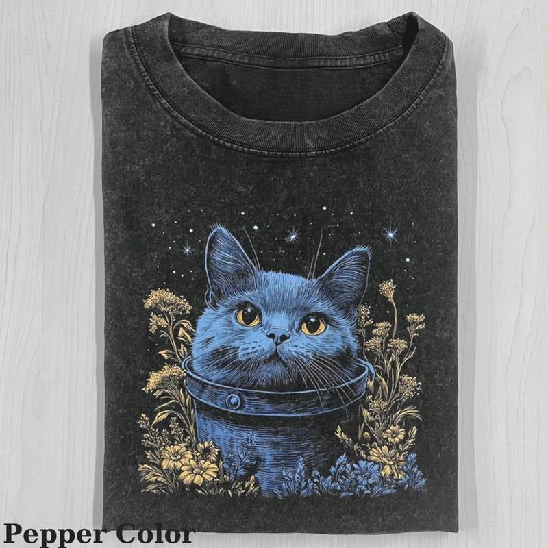 Vintage Blue Cat And Flower T-shirt, Cute Cat Shirt, Love Cat Tshirt-  Meme Cringe Funny Dumb Shirts, Unisex Shirt...