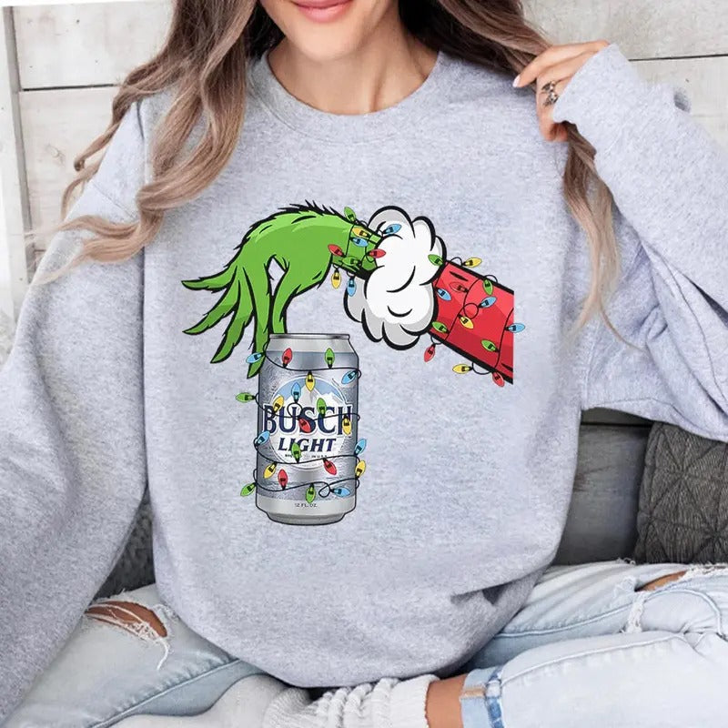 Vintage Christmas Shirt Grnnch Hand Holding Busch Light Funny Christmas Drinking Tshirt Hoodie, Sweatshirt | CiraTrend.com