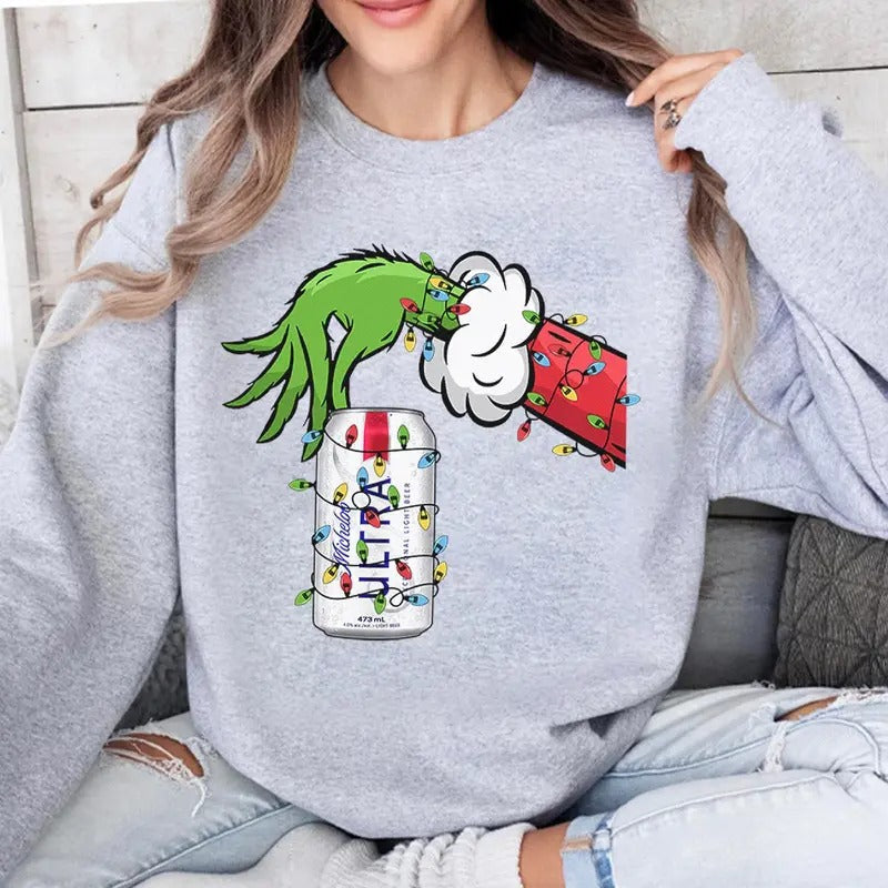 Vintage Christmas Shirt Grnnch Hand Holding Michelob Ultra Funny Christmas Drinking Tshirt Hoodie, Sweatshirt | CiraTrend.com