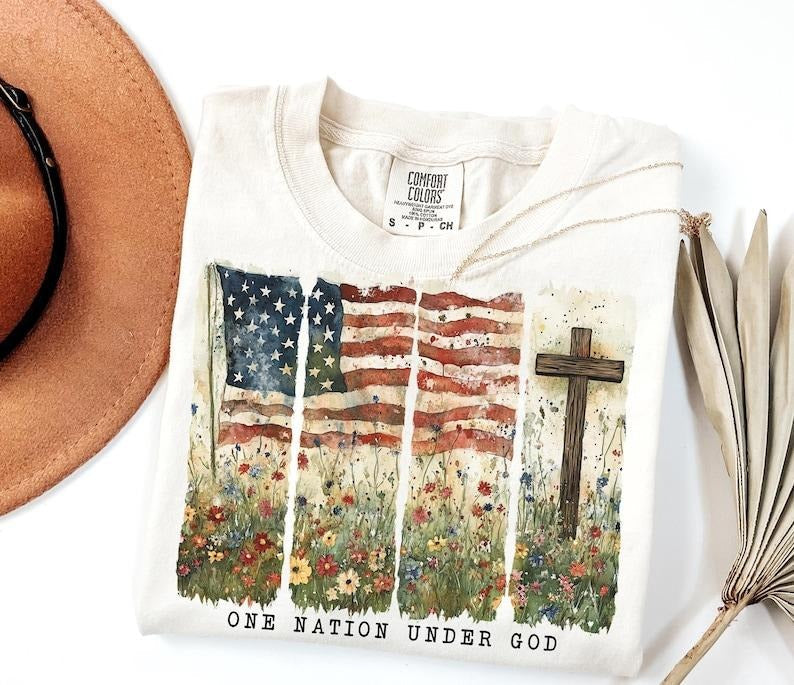 Vintage Comfort Color One Nation Under God Tee, 4th of July Christian Patriotic Tshirt, Faith and Freedom Shirt, American...
