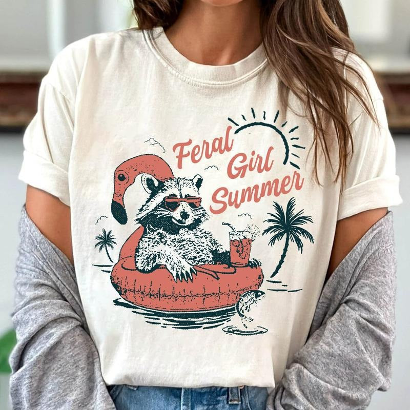 Vintage Feral Girl Summer Opossum Shirt, Summer Shirt, Funny Raccoon Shirt , Opossum Sweatshirt Hoodie | CiraTrend.com