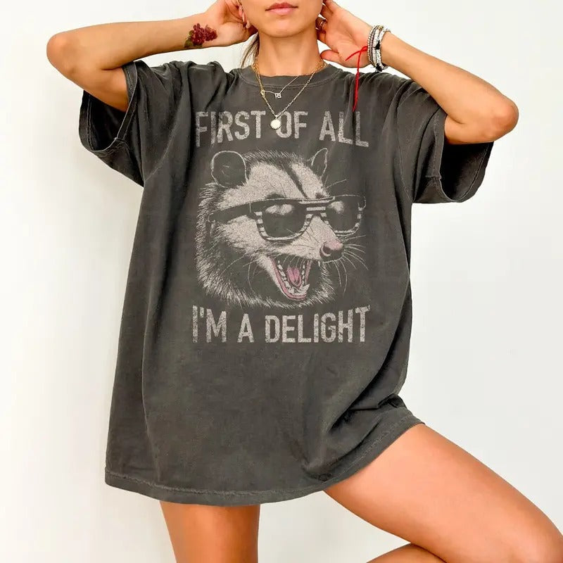 Vintage First Of All I'm A Delight Shirt, Retro Funny Raccoon Shirt,Vintage Raccoon Tshirt,Aesthetic Shirt,Raccoon Sweatshirt Cotton Top