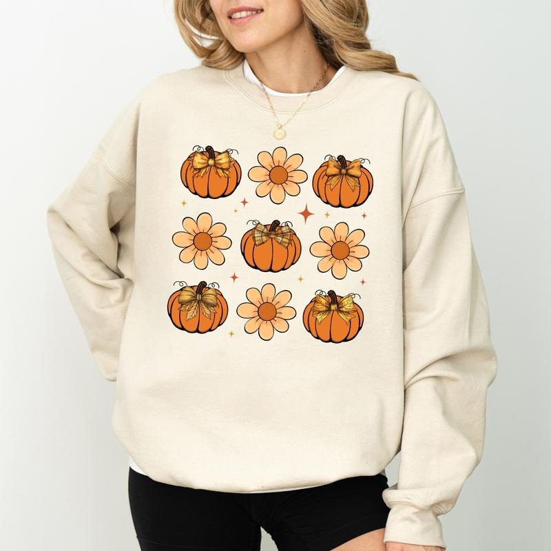 Vintage Floral Pumpkin Sweatshirt, Retro Halloween Sweater, Coquette Bow Pumpkin Sweatshirt, Autumn Pumpkin Crewneck,...