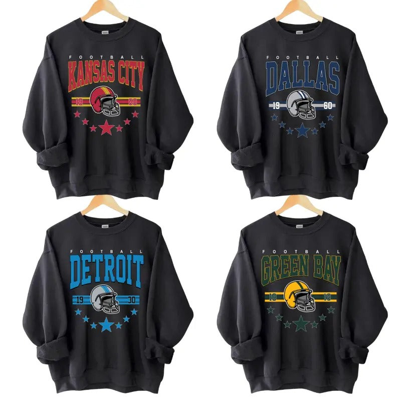 Vintage Football Sweatshirt Black Color, Retro Graphic All Team Football, Vintage Graphic Tees, Football Fan Gift, Unisex...