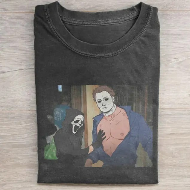 Vintage Halloween Graphic T-shirt, Ghost Face X Michael Myers Tee, Horror Movie Shirt, Horror Character, Funny Halloween...