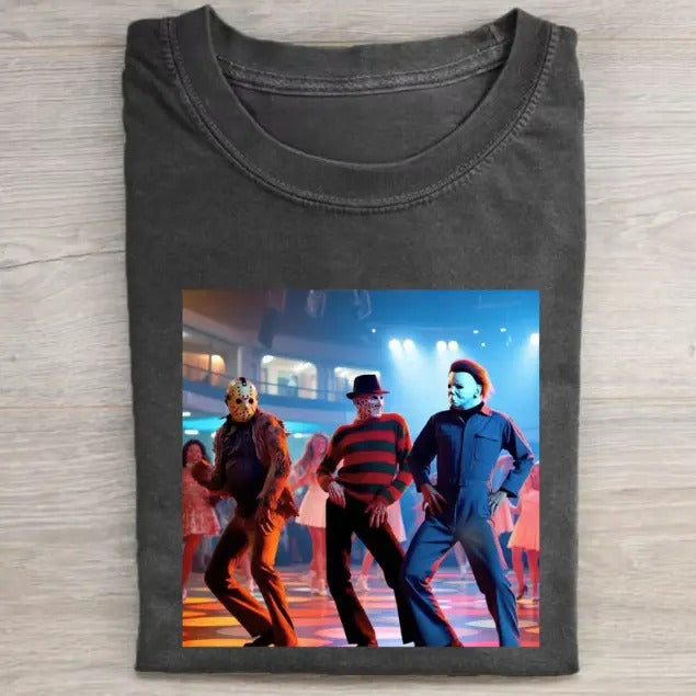 Vintage Halloween Graphic T-shirt, Jason Voorhees X Freddy Krueger X Michael Myers Dancing Tee, Horror Movie Shirt,...