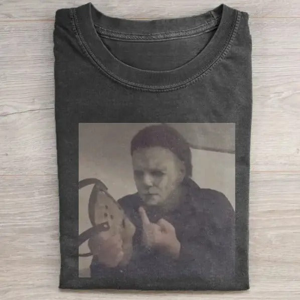 Vintage Halloween Graphic T-shirt, Michael Myers Middle Finger Jason Voorhees Tee, Horror Movie Shirt, Horror Character,...