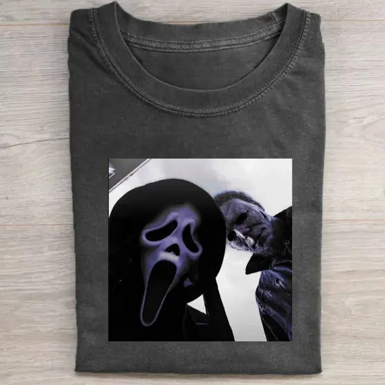 Vintage Halloween Graphic T-shirt, Michael Myers X Ghost Face Tee, Horror Movie Shirt, Horror Character, Funny Halloween...