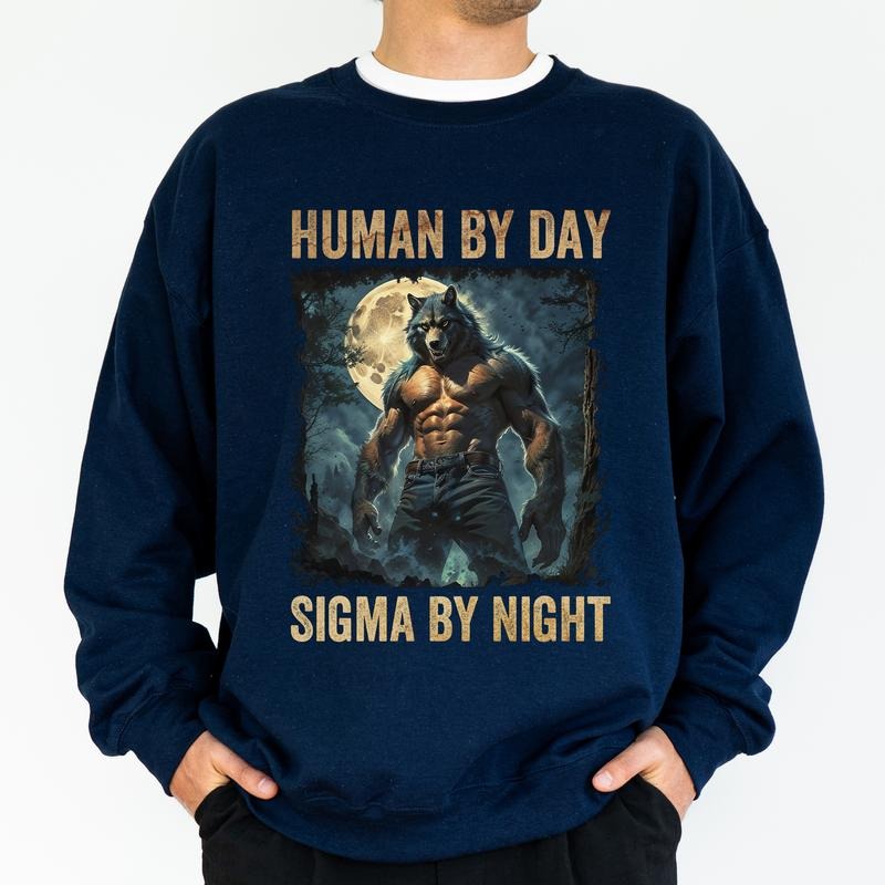 Vintage Human By Day Sigma By Night Sweatshirt For Men, Retro Wolf Meme Crewneck, Funny Long Sleeved Pullover, Werewolf...