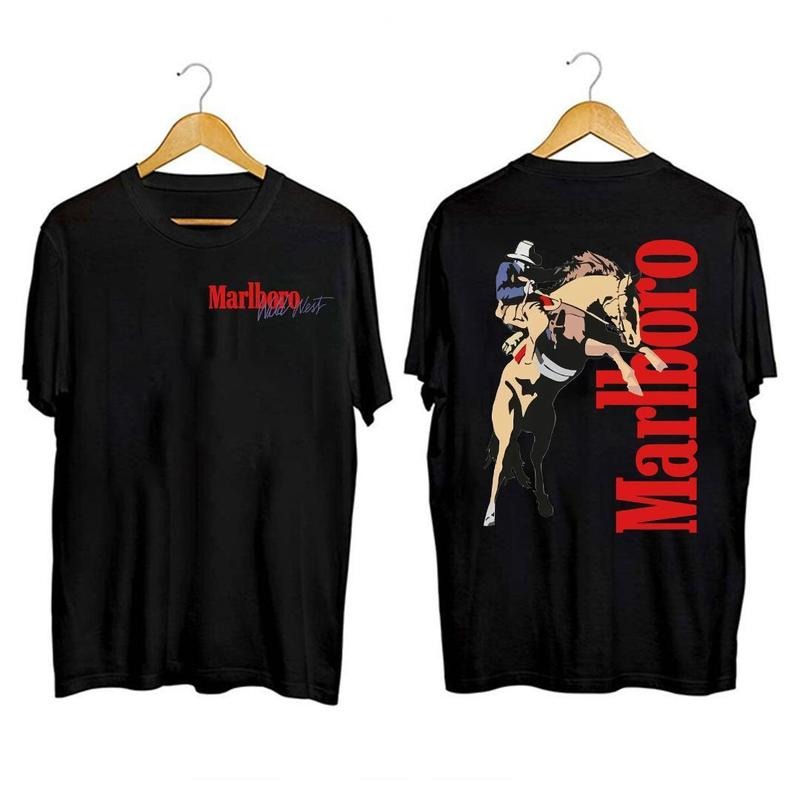 Vintage Marlboro Cowboy Wild West Unisex Black White T-Shirt 100% Cotton Crew Neck 501fits Menswear Top Hoodie, Sweatshirt