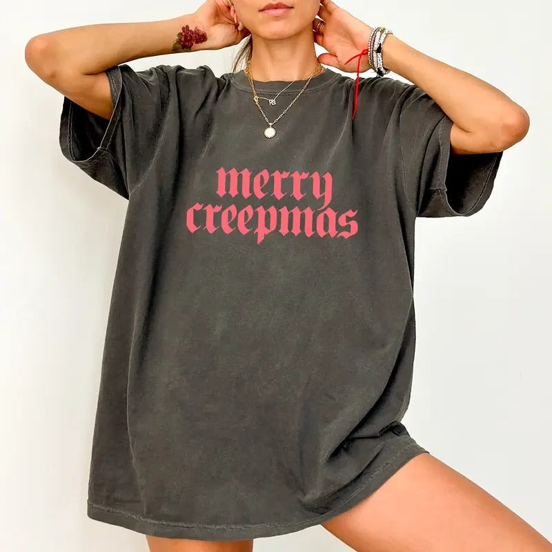Vintage Merry Creepmas Comfort Colors Shirt, Gothic Merry Christmas Graphic Tee, Sarcastic Christmas Unhinged Tees, Funny Holiday Oversized T-shirt