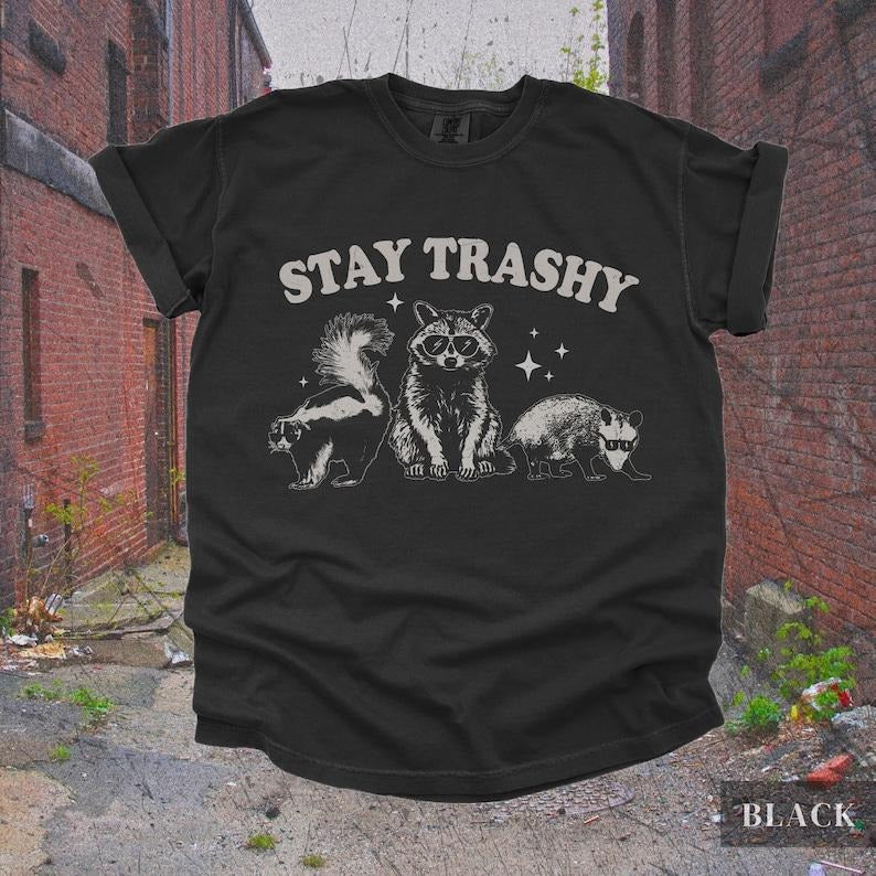 Vintage Stay Trashy Skunk Opossum Racoon T Shirt , Retro Funny 90s Y2K Tee, Cute Oversized Boho T-Shirt, Trendy Trashcore...