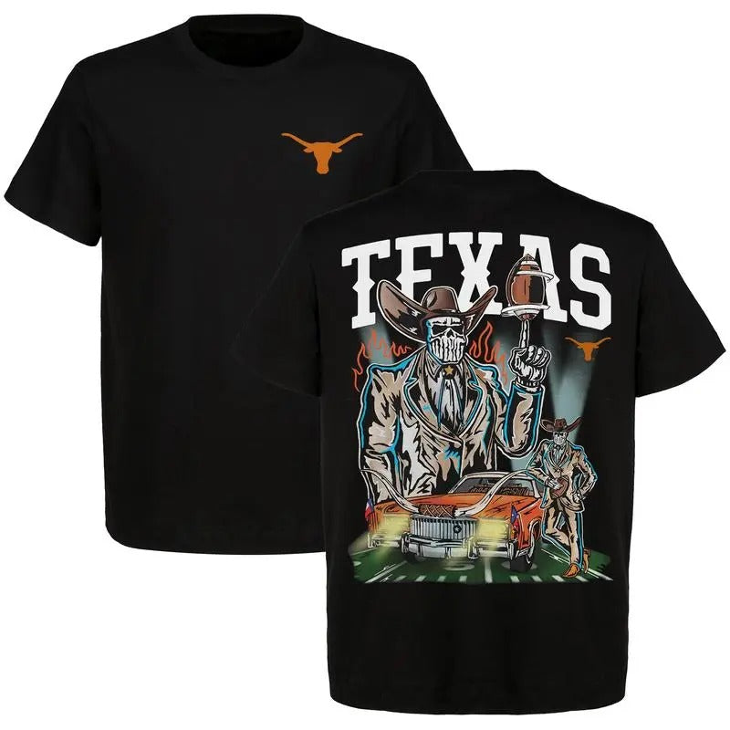 Vintage Texas Longhorns Football Western Skeleton Cowboy Graphic Tee, Soft Material, Strong Style Just for Texas Fans...