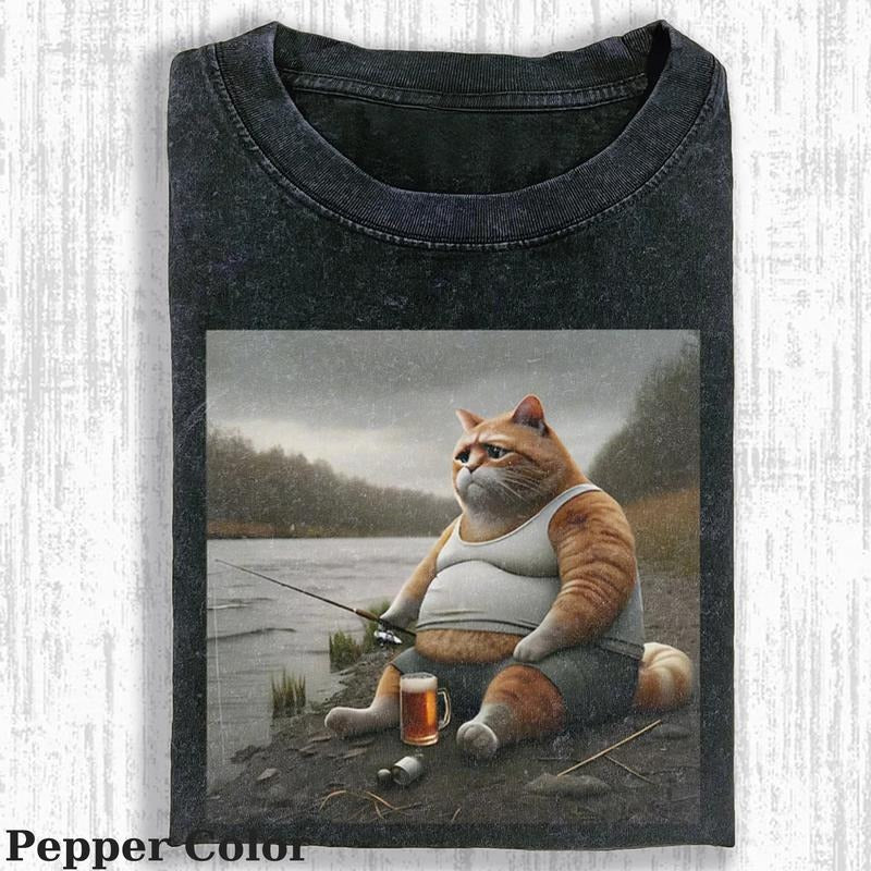 Vintage The Fishing Cat T-Shirt, Fantasy Kitten Tshirt, Cute Cat Shirt, Cool Cat Tshirt, Love Cat Tshirt, Meme Cringe...