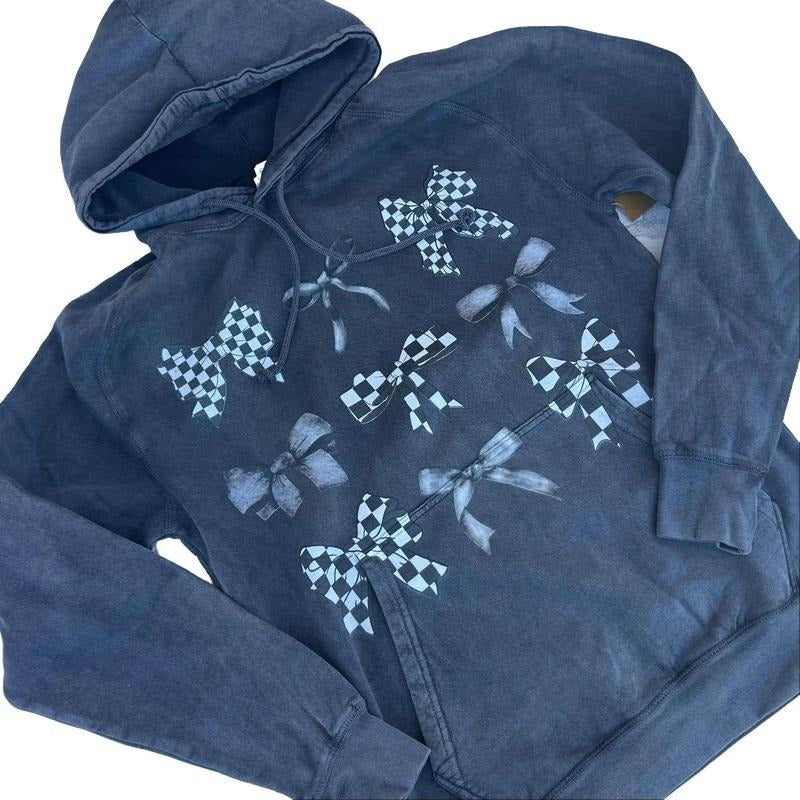 Vintage Washed Hoodie - Checkered Coquette Bows Black and white T-Shirts, Sweatshirt | CiraTrend.com