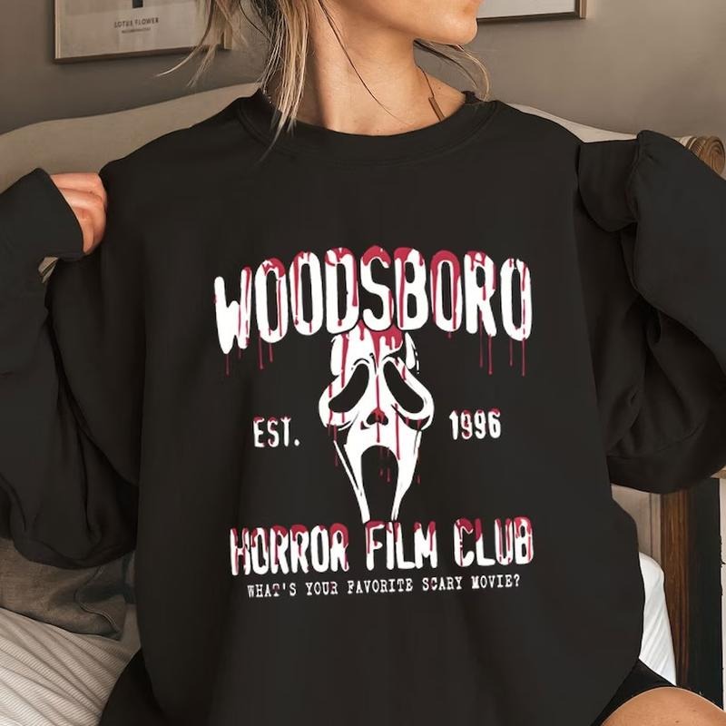 Vintage Woodsboro Horror Film Club TShirt Hoodie Sweatshirt, Spooky Season t-shirt Horror ghost Thriller shirt, Scream...