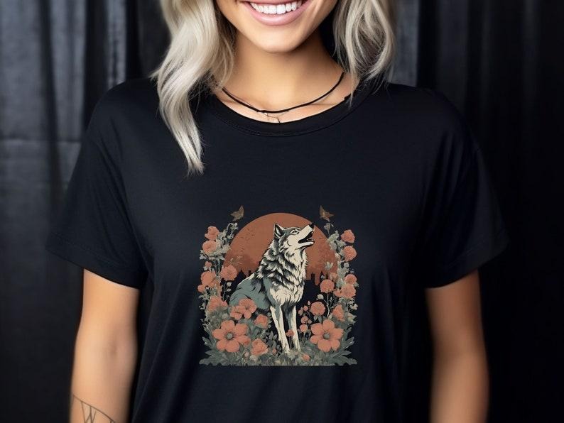 Vintage wolves T Shirt Hoodie Sweater, oversized retro top, flowers nature blossoms howling wolf animal lover gift...