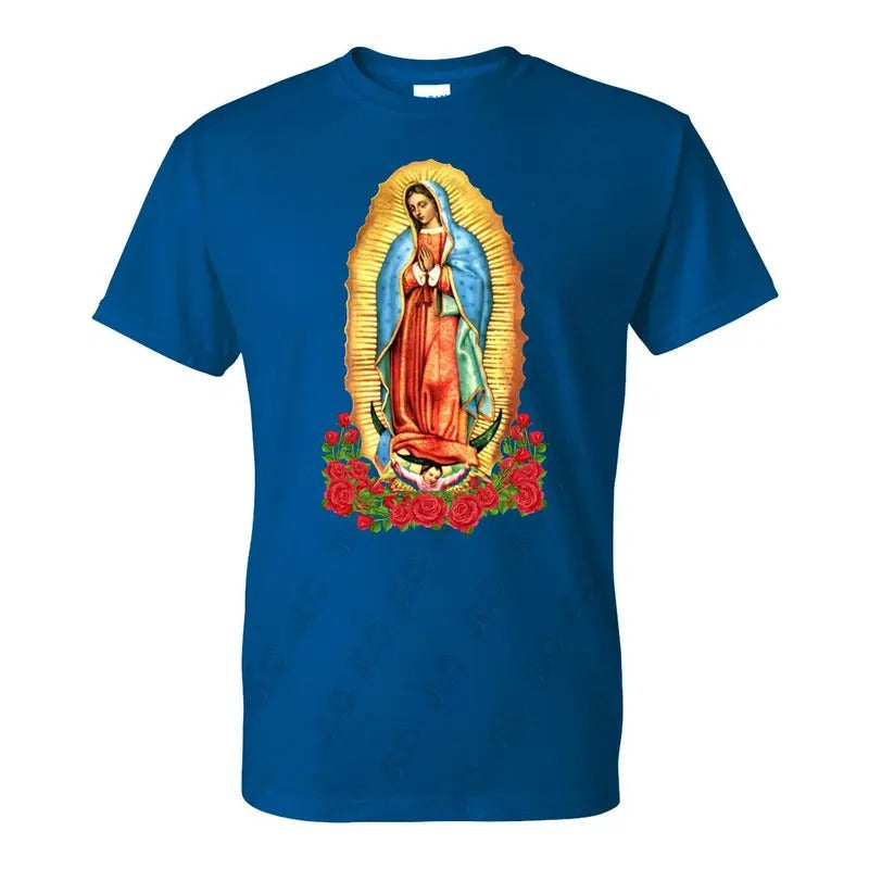 Virgen de Guadalupe Mens T-Shirt - Blue Cotton Crewneck with Virgin Mary Design Hoodie, Sweatshirt | CiraTrend.com