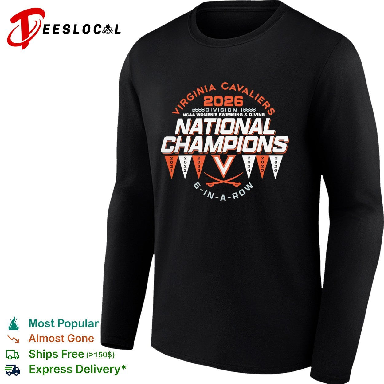 Virginia Cavaliers 2026 National Champions 6 in a row NCAA swimming diving shirt