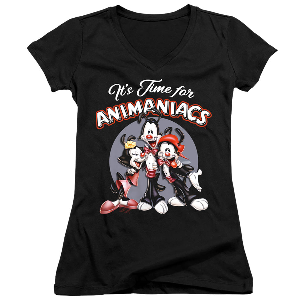 Animaniacs Its Time For Junior Sheer Cap Sleeve V-Neck Womens T Shirt Black Hoodie, Sweatshirt | CiraTrend.com