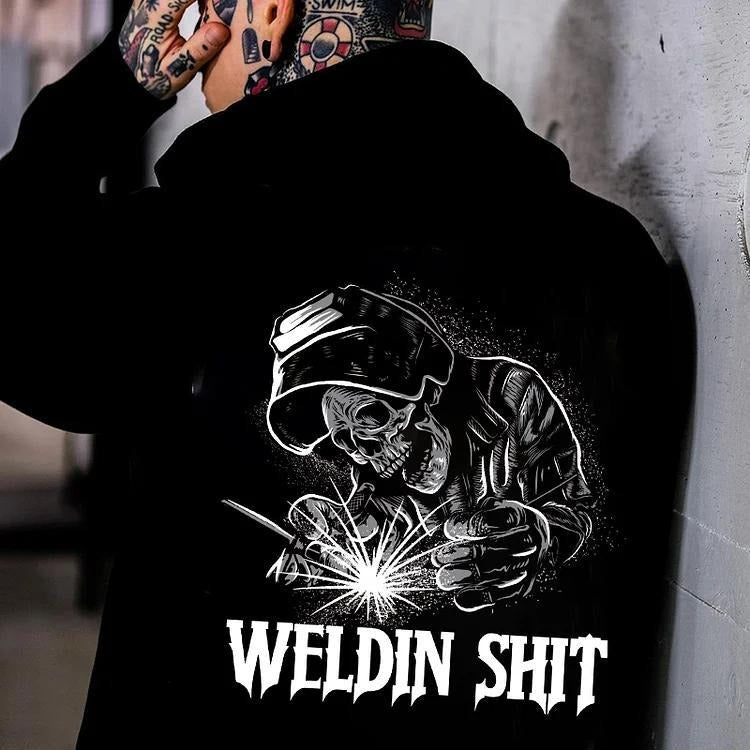 WELDIN SHIT Skull Worker Letter Casual Black Print Hoodie
