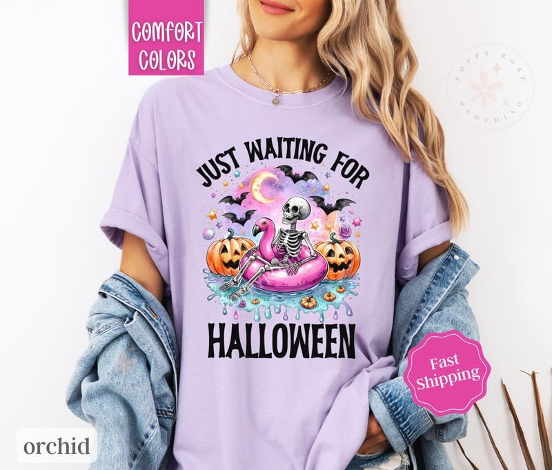 Waiting for Halloween Shirt Comfort Colors, Skeleton Tshirt for Women,  Spooky Season Shirt Oversized Crewneck Tee...