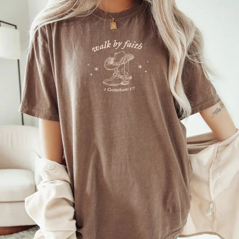 Walk By Faith Bible Verse T Shirt, Western Faith Based Clothing, Minimalist Christian Shirts Cotton Top Hoodie, Sweatshirt
